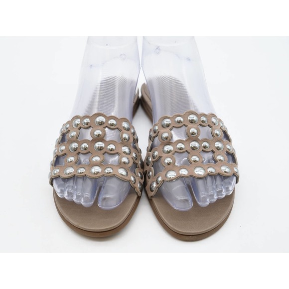 Vince Camuto Sandals Womens 6 Slides Brown Leather Cutout Studded Slip On Flat - Picture 6 of 11